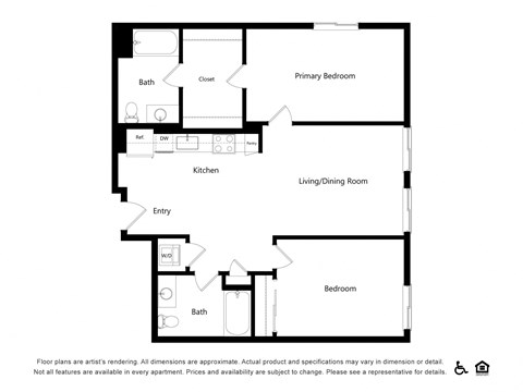 Floor plan for 2 beds, 2 baths, 1103 sqft
